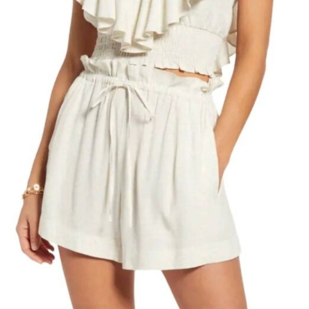 NWT Open Edit Paperbag Shorts Linen Blend High Waist Drawstring Ivory Cream XS